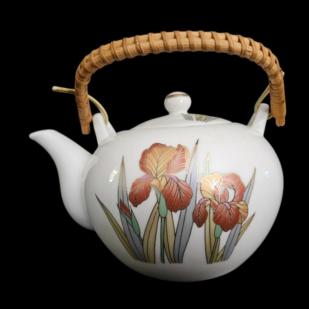 Vintage Japan Ceramic Teapot Floral Iris Bamboo Wrapped Handle